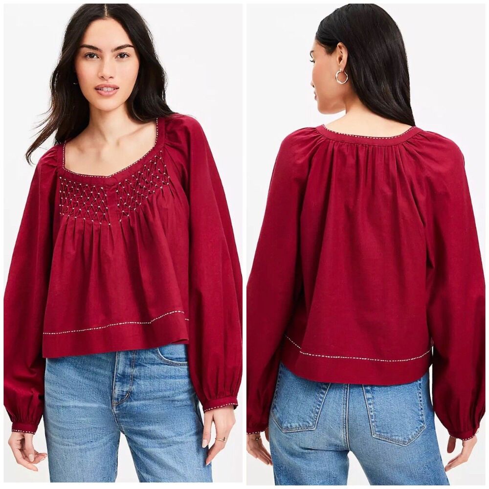 LOFT Blouse Womens XL Embroidered Peasant Peplum Sweetheart Balloon Sleeve Boho